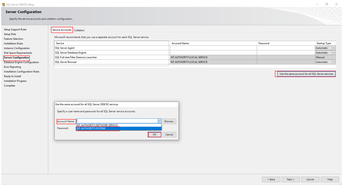 server confiquretion service account  n\authority